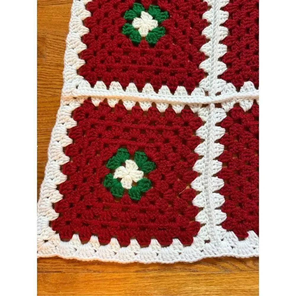 Handmade Red Green & White Christmas Colors Granny Square Crochet Throw Blanket